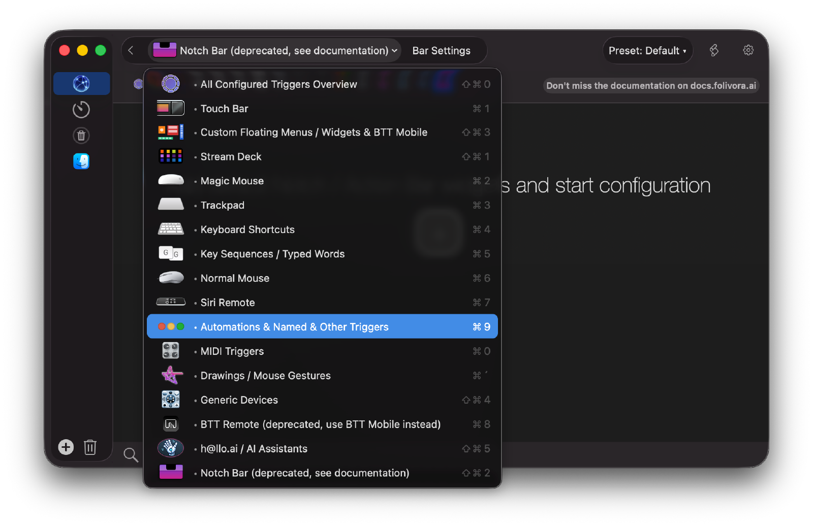The BetterTouchTool configuration window with “Automations & Named & Other Triggers” selected in the top bar