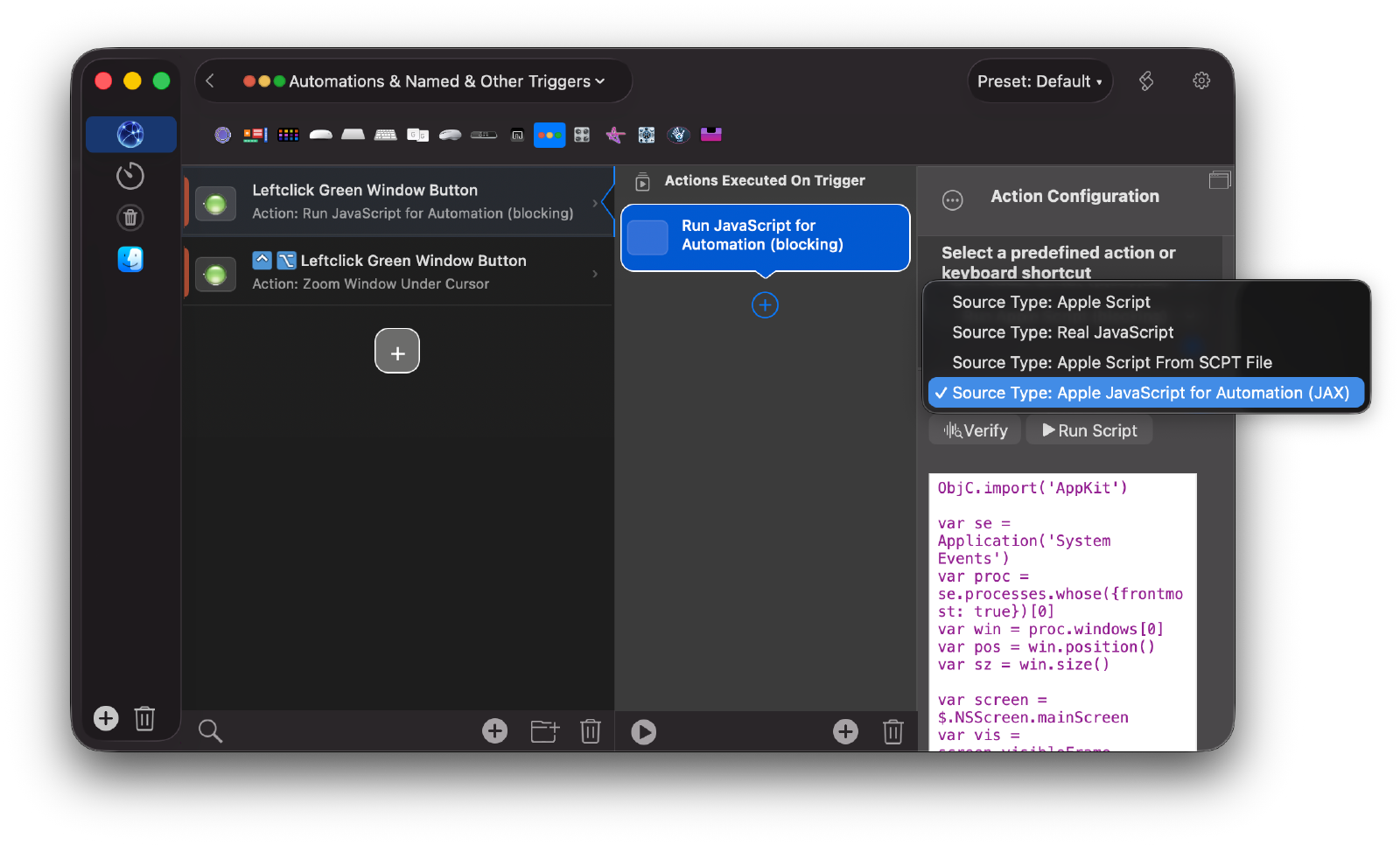 The Source Type dropdown expanded, showing “Apple JavaScript for Automation (JAX)” as the selected option